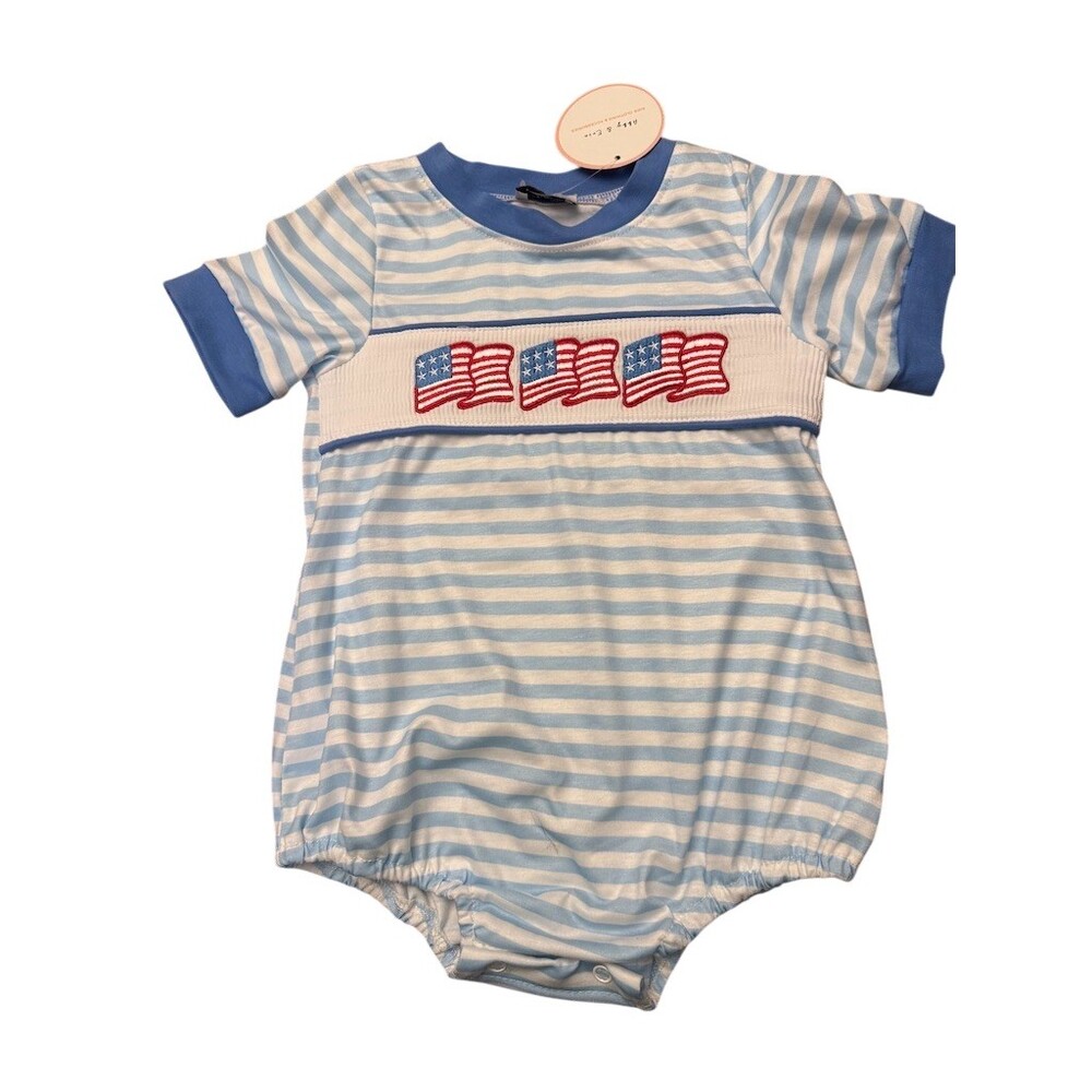 Smock Candy Abby & Evie Baby Boy Smocked Bubble Romper Patriotic 12M Blue Flag